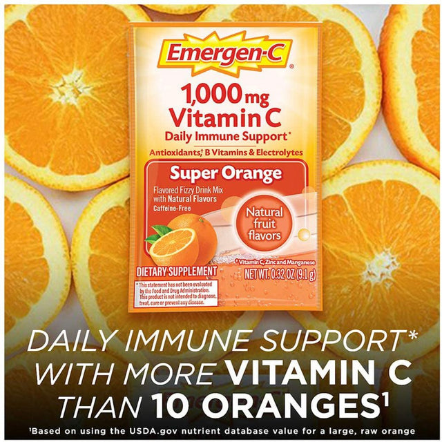 Emergen-C 1000Mg Vitamin C Powder, with Antioxidants, B Vitamins and Electrolytes, Vitamin C Supplements for Immune Support, Caffeine Free Fizzy Drink Mix, Super Orange Flavor - 30 Count