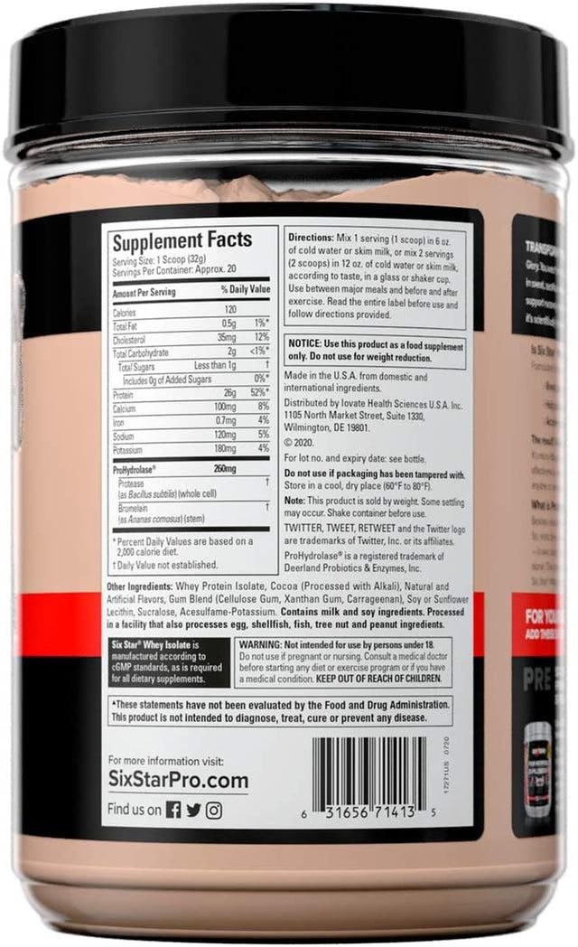 Whey Protein Isolate Six Star 100% Whey Isolate Protein Powder Whey Protein Powder for Muscle Gain Post Workout Muscle Recovery + Muscle Builder Chocolate Protein Powder (20 Servings)