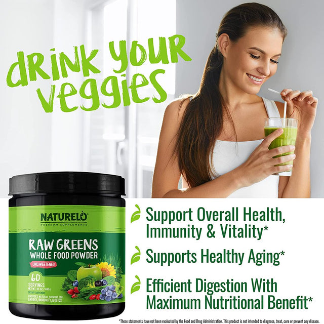 NATURELO Raw Greens Superfood Powder - Unsweetened - Boost Energy, Detox, Enhance Health - Organic Spirulina - Wheat Grass - Whole Food Nutrition from Fruits & Vegetables - 60 Servings
