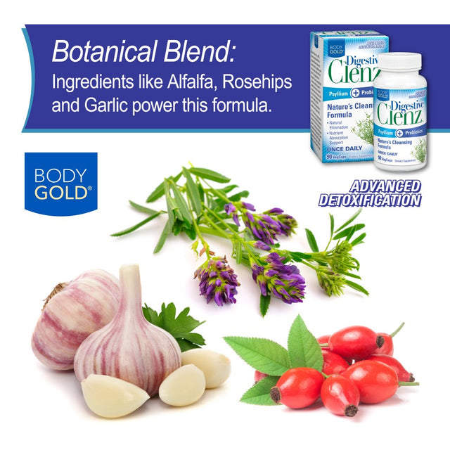 Body Gold Digestive Clenz | Healthy Detoxification, Elimination & Nutrient Absorption Support | 30 Servings, 90 Vegcaps