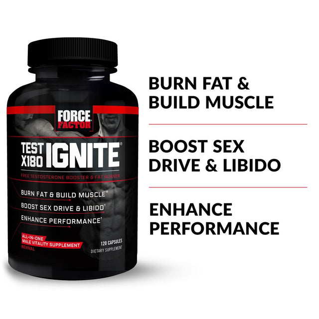 Test X180 Ignite Total Testosterone Booster for Men with Fenugreek Seed and Green Tea Extract to Increase Libido, Burn Fat, Build Lean Muscle, and Improve Performance, Force Factor, 120 Capsules