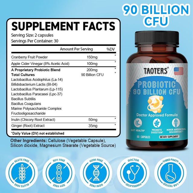 TAOTERS Probiotic Supplement - Gut Health Complex with Cranberry and Lactobacillus Acidophilus Probiotics for Women and Men - Supports Digestion, Immunity, Gut Health