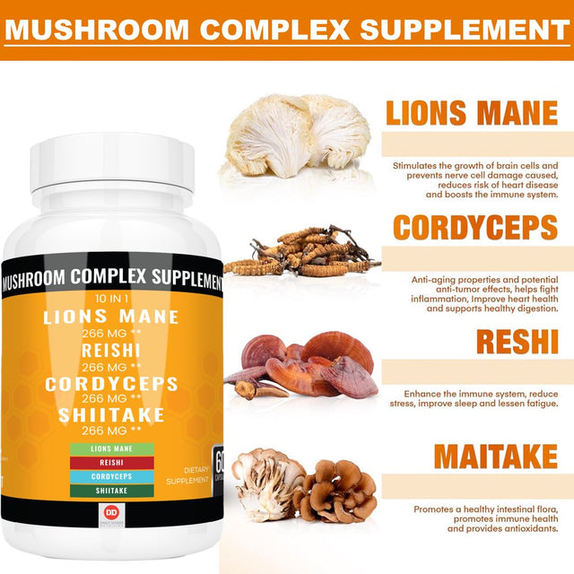 Lions Mane Supplement for Adult Reishi Mushroom Capsules Mushroom Supplement Complex Lion Mane Capsule Lion Mane Mushroom Complex Cordycep Nootropic Supplement Turkey Tail Mushroom Blend Supplement