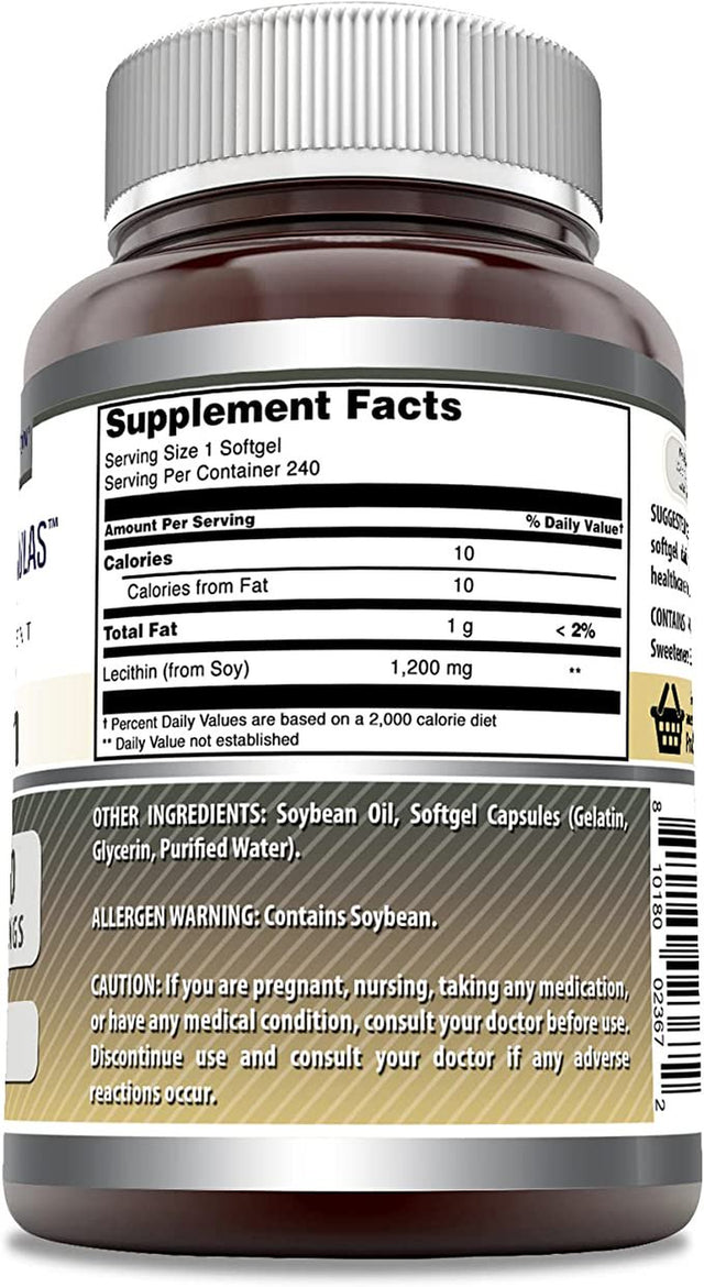 Amazing Formulas Lecithin Dietary Supplement * 1200 Mg High Potency Lecithin Softgels (Non-Gmo) * Promotes Brain & Cardiovascular Health * Aids in Cellular Activities * 240 Softgels (Pack of 3)