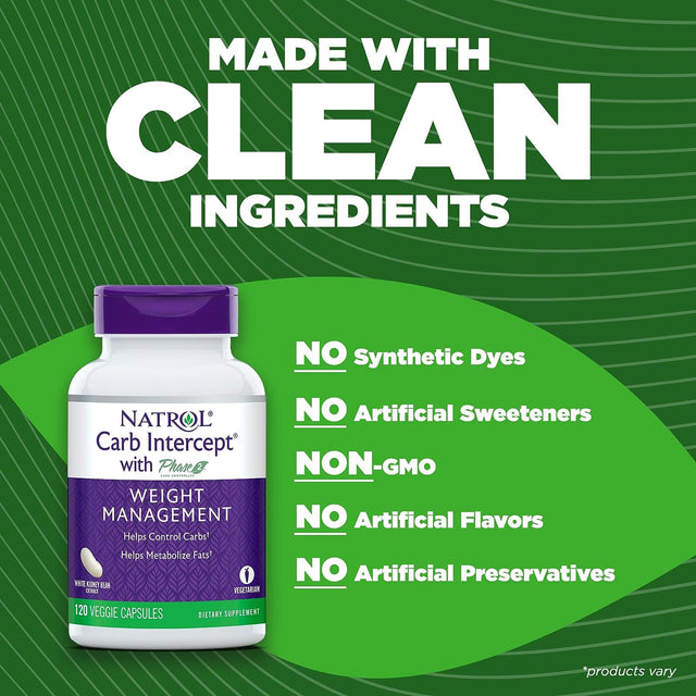 Natrol Carb Intercept Capsules with White Kidney Bean Extract - Controls Carbs, Metabolizes Fats, Clinically Tested - Promotes Healthy Weight, 1000Mg, 120 Count