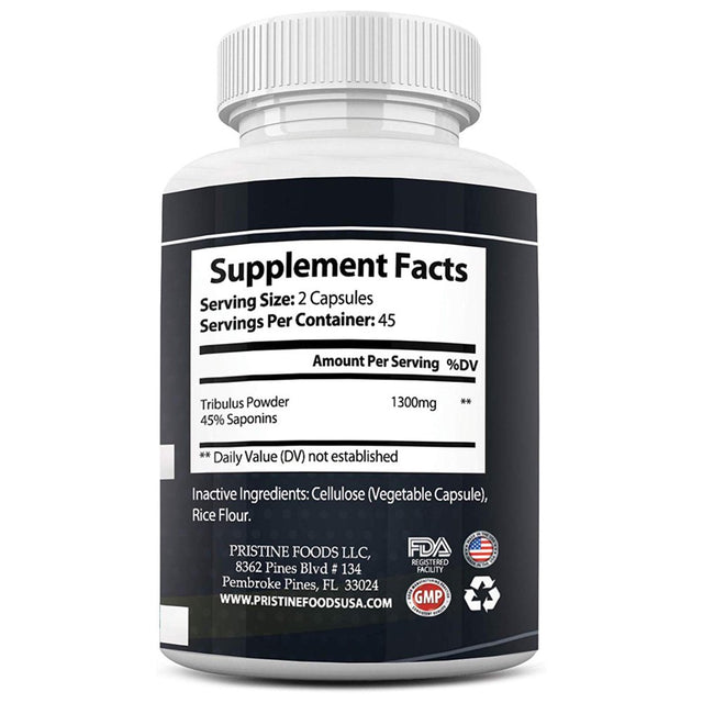 Pristine Pure Tribulus Terrestris 1300Mg with 45% Saponins - the Ultimate Testosterone Booster and Energy Enhancer, 90 Caps.