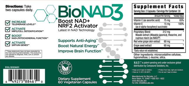 Bionad3 NAD3 NAD+ Supplement | NRF2 Activator | anti Aging | Proven Nicotinamide Riboside Booster | Metabolic Activator | Boosts NAD+ and Natural Energy | 60 Capsules