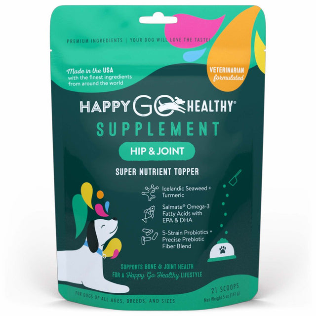 Happy Go Healthy Hip & Joint Supplements for Dogs | Probiotic & Prebiotic Benefits with Wild Salmon Omega 3S to Help Your Dog Reach New Heights | All Breeds and Sizes | 21 Count