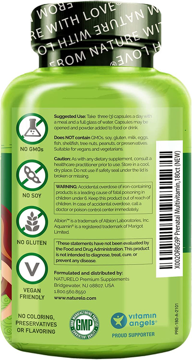 NATURELO Prenatal Multivitamin with Gentle Chelated Iron, Methyl Folate, Plant Calcium & Choline - Vegan, Vegetarian - Non-Gmo - Gluten Free - 180 Capsules
