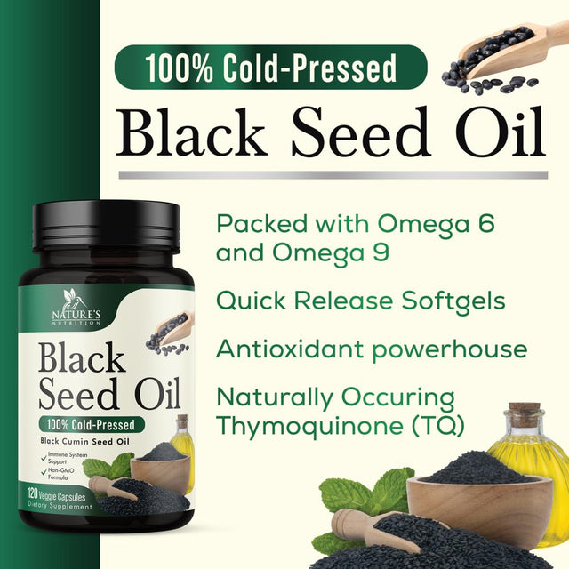Premium Black Seed Oil Capsules 1000Mg - Vegan Cold-Pressed Nigella Sativa Black Seed Oil, Nature'S Pure Black Cumin Seed Oil for Immune, Hair and Brain Support, Non-Gmo - 60 Capsules