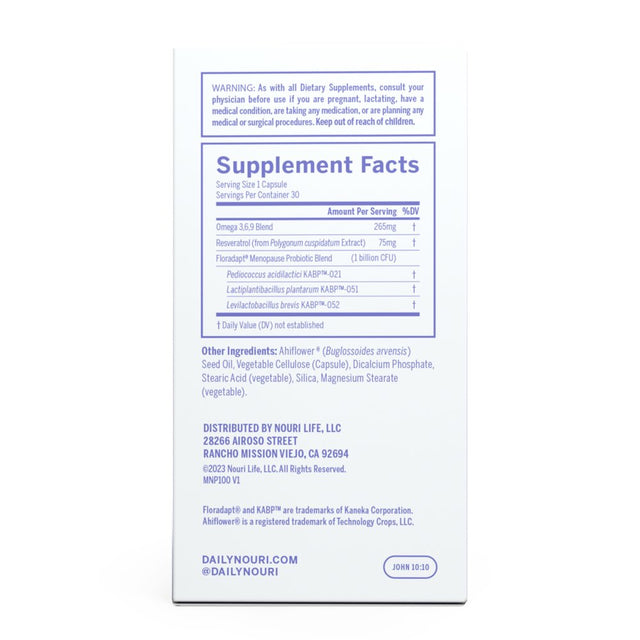 Nouri Menopause Health Probiotic with Omega and Resveratrol Vegan Capsules, 30 Day Supply