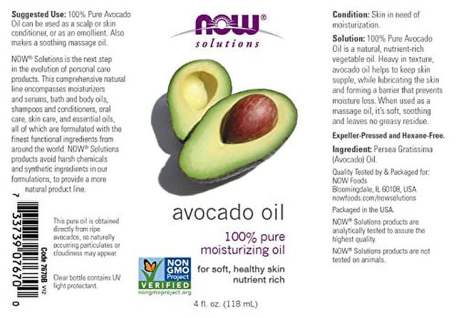 NOW Solutions, Avocado Oil, 100% Pure Moisturizing Oil, Nutrient Rich and Hydrating, 4-Ounce
