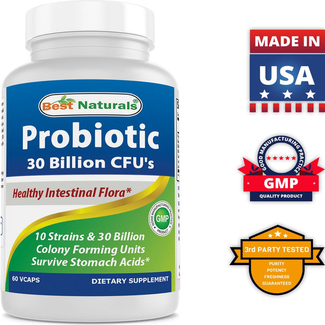 Best Naturals Probiotic 10 Strains & 30 Billion CFU Intestinal Flora 60 Vegetarian Capsules | Shelf Stable Probiotic