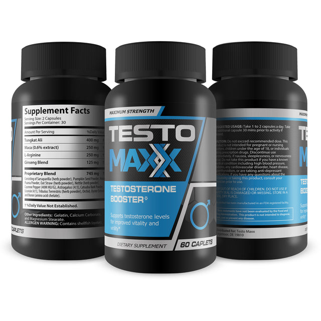 Testo Maxx - All Natural Testosterone Booster - Burn Fat, Build Lean Muscle, and Improve Performance - 60 Caplets