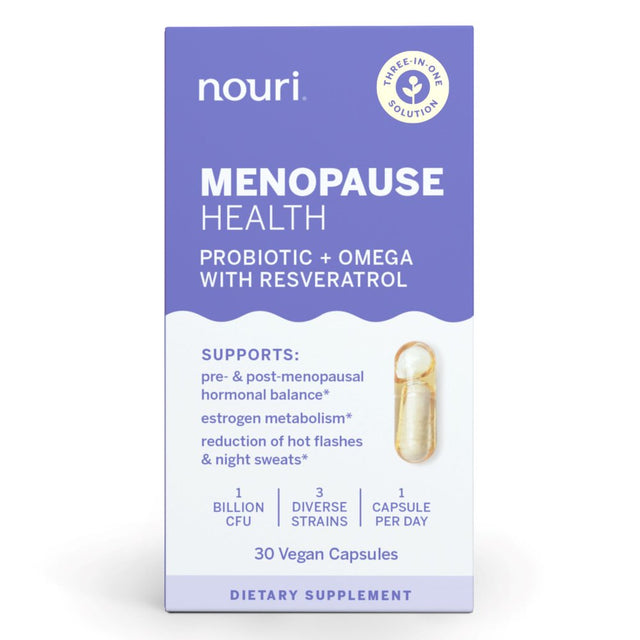 Nouri Menopause Health Probiotic with Omega and Resveratrol Vegan Capsules, 30 Day Supply