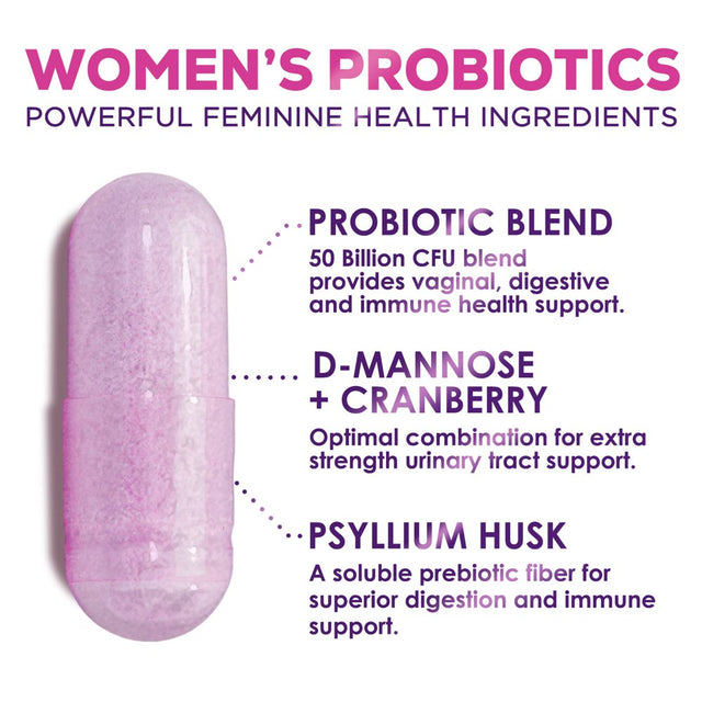 Formulated Probiotics for Women, 50 Billion CFU + Prebiotics & Cranberry, Vaginal Women'S Probiotic for Digestive Health, Ph & Immune Support, 9 Strains, No Dairy Soy Gluten Shelf Stable - 30 Capsules