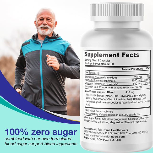 Prime Healthineers Advanced Blood Sugar Support Supplement - 60 Capsules - Zero Sugar Verified & Certified - 7-In-1 Blend to Support Glucose Metabolism & Balance Proper Insulin Function - Made in USA