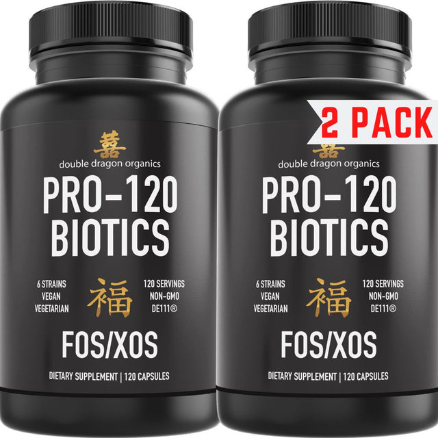 Pro 120 Probiotics for Men & Women Digestive Support Supplement by Double Dragon Organics (2 Bottles, 240 Capsules)