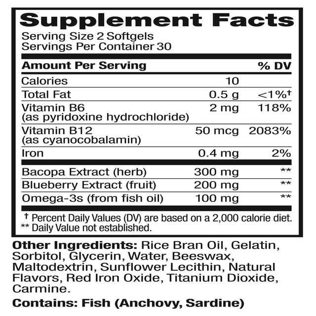 OLLY Ultra Strength Brain Softgels, Nootropic Supplement, Bacosides, Omega-3S, 60 Ct