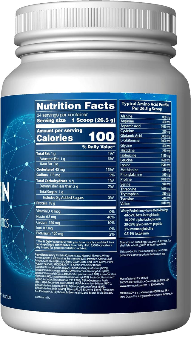 MRM Nutrition Whey Protein | Vanilla Flavored |18G Protein | with 2 Billion Probiotics + Digestive Enzymes + Bcaas | High Absorption + Digestion | Hormone + Antibiotic Free | 33 Servings