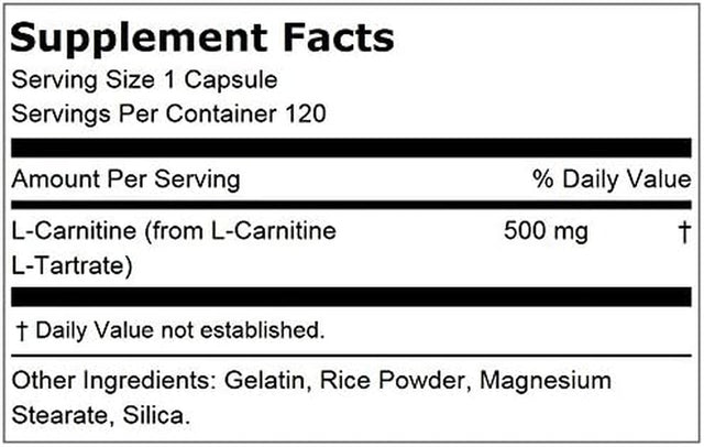 Lindberg L Carnitine Supplement 500Mg | 120 Capsules | Free Form | Non GMO, Gluten Free