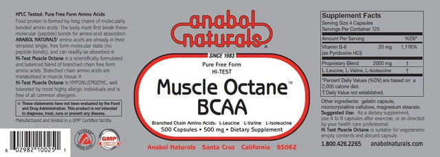 Muscle Octane Bcaas Amino Acids 500 Capsules – Free Form Workout Supplement with L-Leucine, L-Valine and L-Isoleucine for Body Building Performance, Energy and Muscle Recovery