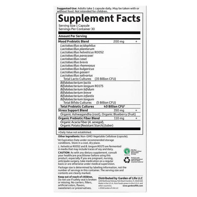 Garden of Life Dr. Formulated Mood Probiotics | Daily Care | 40 Billion CFU | Stress Support | 30Ct
