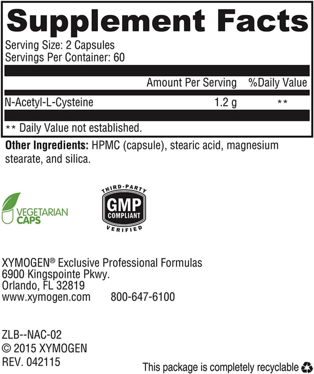 XYMOGEN NAC N-Acetyl-Cysteine 600Mg - Cardiovascular, Antioxidant, Liver Detox + Immune Support Supplement - Supports Glutathione Synthesis - Non-Gmo NAC Supplement (120 Capsules)