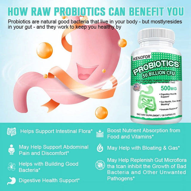 KENOFOR Probiotic 50 Billion for Women and Men with Lactobacillus Acidophilus for Digestive, Colon and Immune Support Daily Gas Relief Dairy-Free