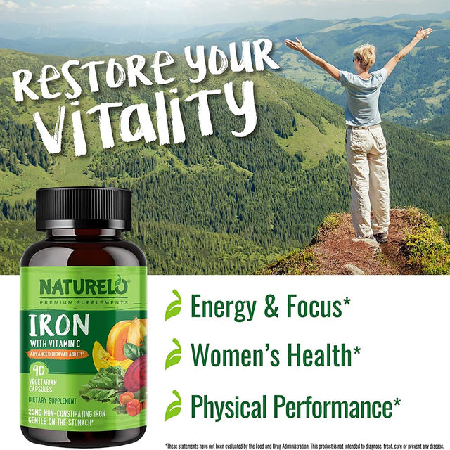NATURELO Vegan Iron Supplement with Vitamin C and Organic Whole Foods - Gentle Iron Pills for Women & Men W/ Iron Deficiency Including Pregnancy, Anemia and Vegan Diets - 90 Mini Capsules