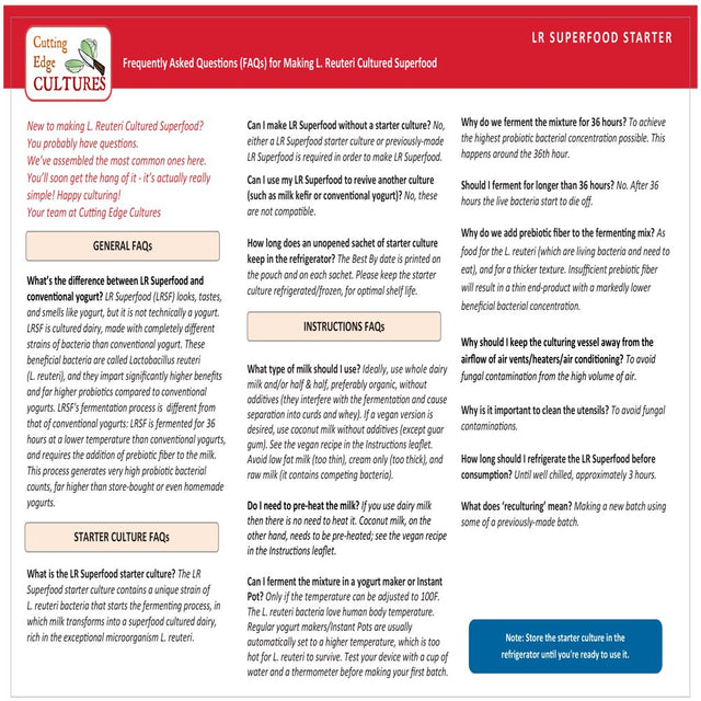 LR Superfood Starter Culture L. Reuteri Probiotic as Recommended by Dr William Davis Super Gut, MD Cultured Dairy Low and Slow Yogurt Lactobacillus