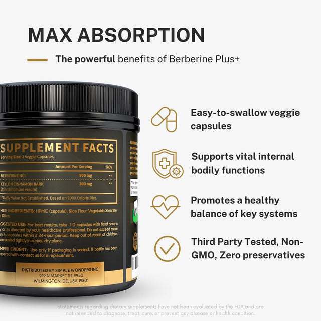 Simple Wonders Berberine HCL 1200Mg with Ceylon Cinnamon Capsules, Metabolism & Blood Sugar Support Supplement, 60 Count