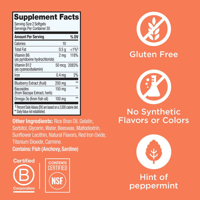 OLLY Ultra Strength Brain Softgels, Nootropic Supplement, Bacosides, Omega-3S, 60 Ct