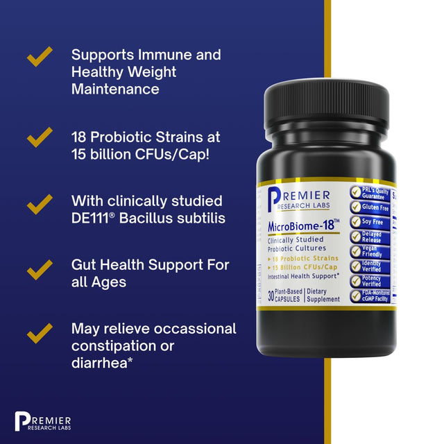 Premier Research Labs Microbiome-18 - Supports Intestinal Microbial & Gut Health - Features Probiotic Formula Containing 18 Beneficial Strains & 15 Billion Cfus per Cap - 30 Plant-Source Capsules