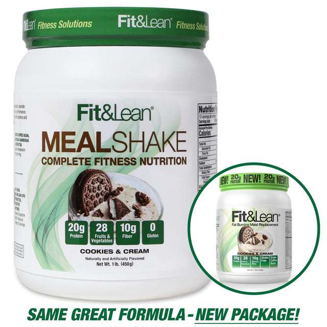 Fit & Lean Meal Shake, Fat Burning Meal Replacement, Meal Replacement with Protein, Fiber, Probiotics and Organic Fruits & Vegetables, Cookies and Cream, 1Lb, 10 Servings per Container