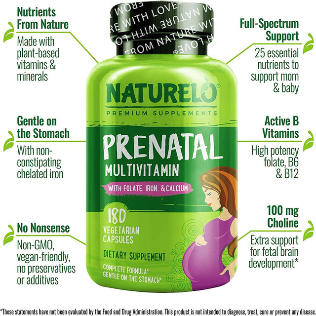 NATURELO Prenatal Multivitamin with Gentle Chelated Iron, Methyl Folate, Plant Calcium & Choline - Vegan, Vegetarian - Non-Gmo - Gluten Free - 180 Capsules