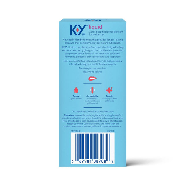 Water Based Lube K-Y Liquid 2.4 Fl Oz Adult Toy Friendly Personal Lubricant for Couples, Men, Women, Massage Pleasure Enhancer, Vaginal Moisturizer, Ph Balanced, Paraben Free, Latex Condom Compatible