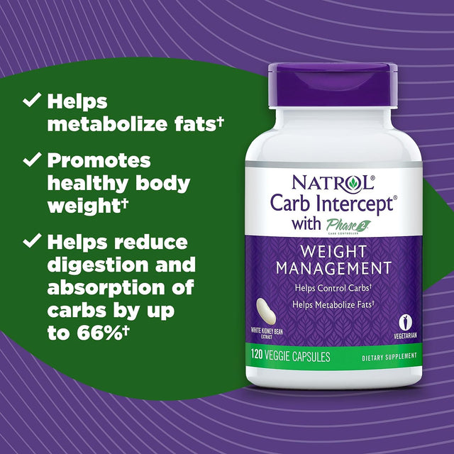 Natrol Carb Intercept Capsules with White Kidney Bean Extract - Controls Carbs, Metabolizes Fats, Clinically Tested - Promotes Healthy Weight, 1000Mg, 120 Count