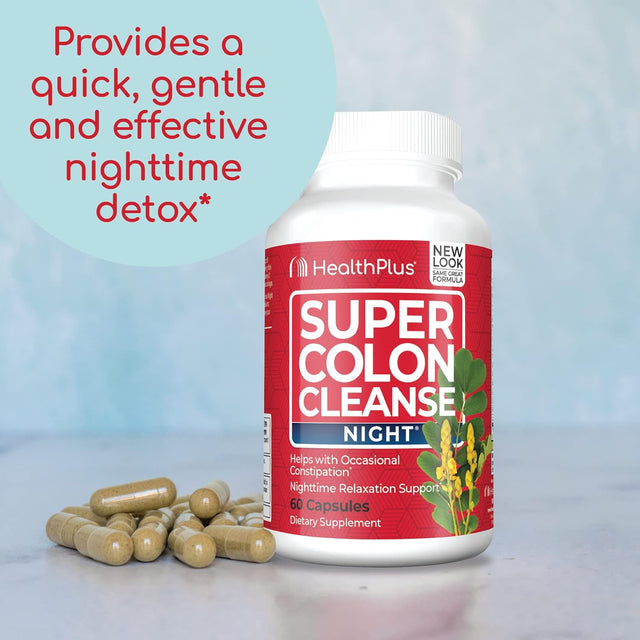 Health plus Super Colon Cleanse Night Formula Digestive Support | Constipation Relief to Reduce Bloating with Probiotics and Valerian Root for Sleep | More than 1 Cleanse, 60 Capsules