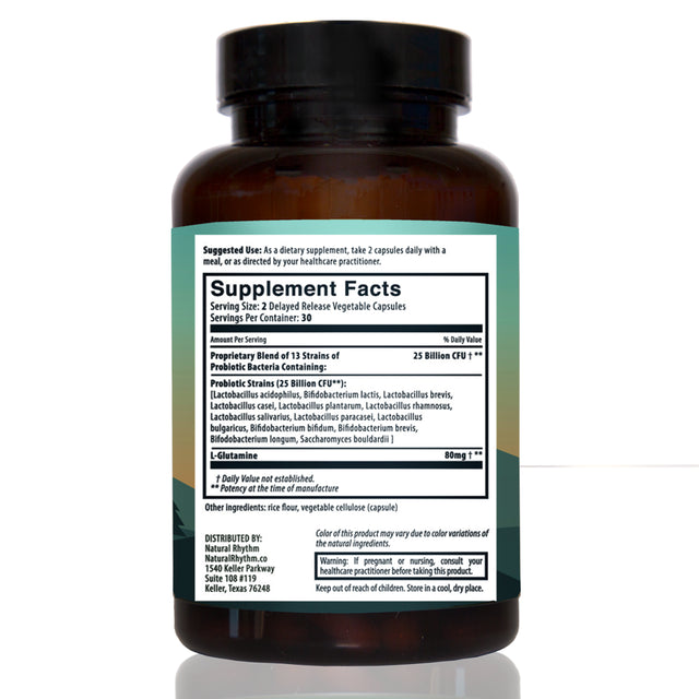 Natural Rhythm Digestive Calm Probiotic (Plus L-Glutamine) 25 Billion CFU and 13 Strains. - 60 Vegetarian Capsules.