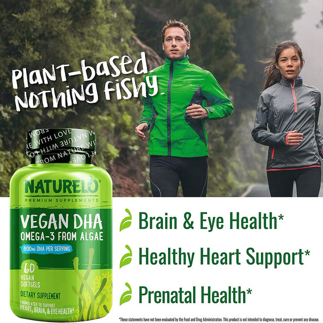NATURELO Vegan DHA - Omega 3 Oil from Algae - Supplement for Brain, Heart, Joint, Eye Health - Provides Essential Fatty Acids for Women, Men and Kids - Complements Prenatal Vitamins - 60 Softgels
