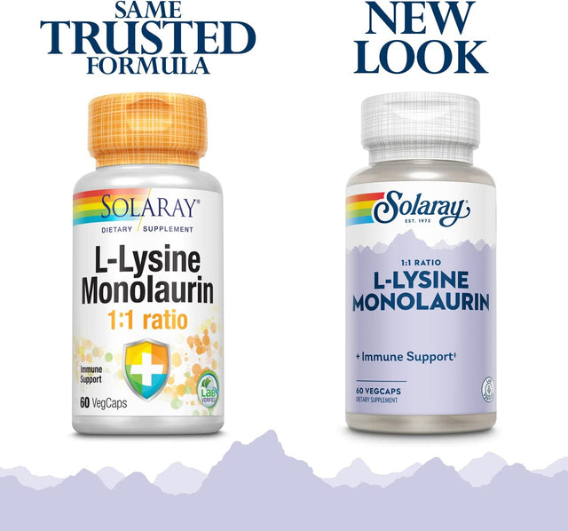 SOLARAY L-Lysine Monolaurin Immune Support Supplement, 1:1 Ratio for Immune System Function, Skin and Gut Health Support, 500 Mg Each, 60-Day Money Back Guarantee, 30 Servings, 60 Vegcaps