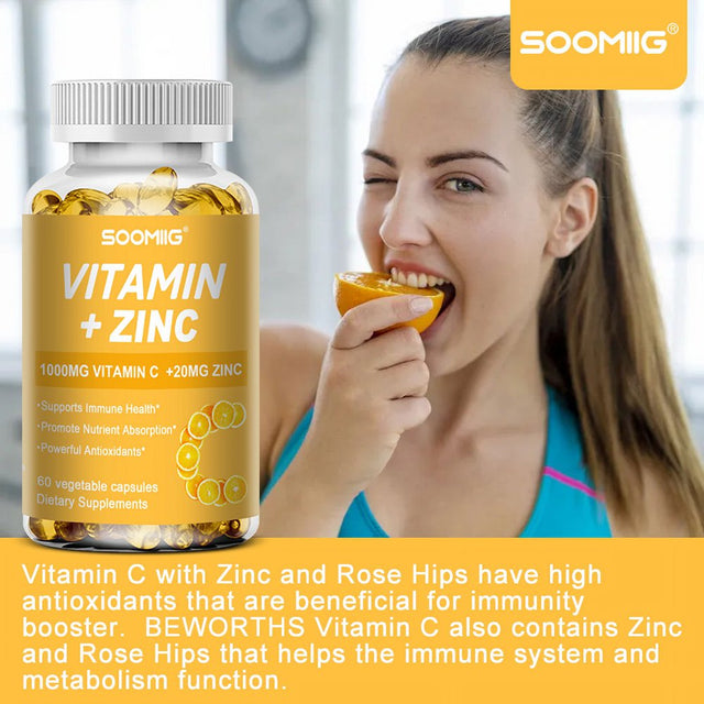 SOOMIIG Vitamin 1000Mg + Zinc 20Mg Supplement, 2-In-1 Antioxidant Formula, Immunity Enhancement, Collagen Production & Skin Health Support