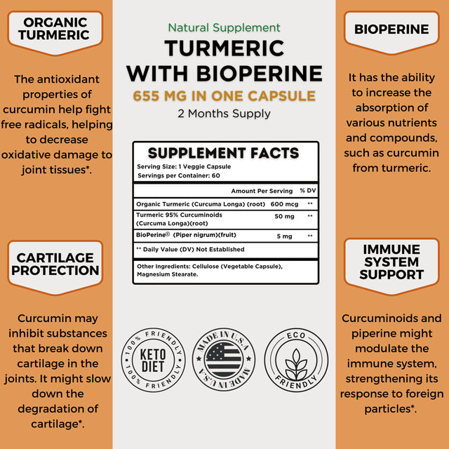 Healblend Organic Turmeric Curcumin with Bioperine Black Pepper - 95% Standardized Curcuminoids High Absorption for Joint Support Supplement, Herbal Formula - 60 Capsules