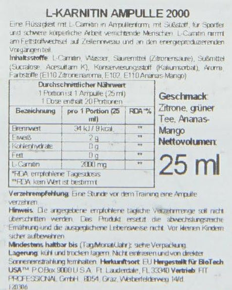 Biotestusa Ampule L-Carnitine 2000 25 Ml / 20X25 Ml Carnitine - Pineapple Mango