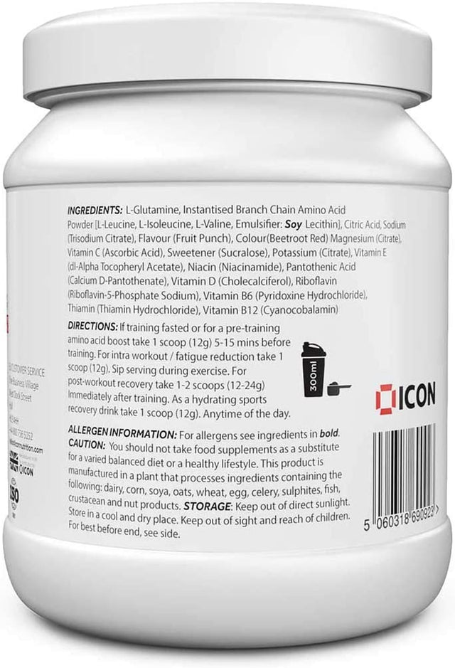 Amino Performance BCAA Powder and Glutamine Drink Gluten Free 30 Servings Fruit Punch Flavour by ICON Nutrition