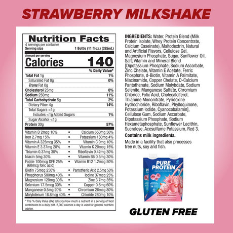 Pure Protein Strawberry Milkshake Complete Protein Shake, Gluten Free, 11 Fl Oz, 4 Ct