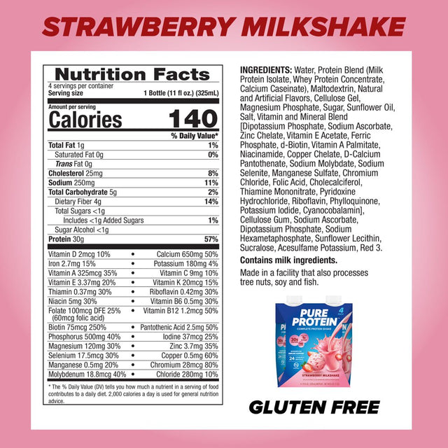 Pure Protein Strawberry Milkshake Complete Protein Shake, Gluten Free, 11 Fl Oz, 4 Ct