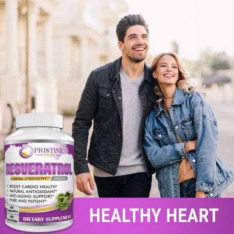 Pristine Extra Strength Resveratrol Supplement 600Mg - Trans-Resveratrol for Anti-Aging & Antioxidant, Cardiovascular Health, Blood Sugar Support - 60 Ct.