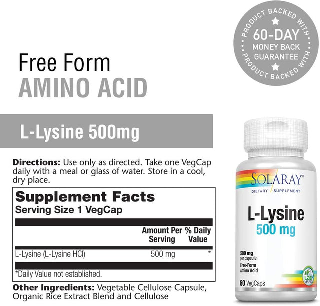 SOLARAY L-Lysine 500Mg | Amino Acid | Healthy Cognitive, Immune System & GI Function, Bones, Joints & Skin Support | 60 Vegcaps